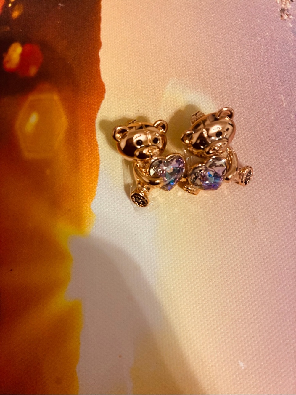 Gold Teddy Bear Heart Stud Earrings with Iridescent Crystals